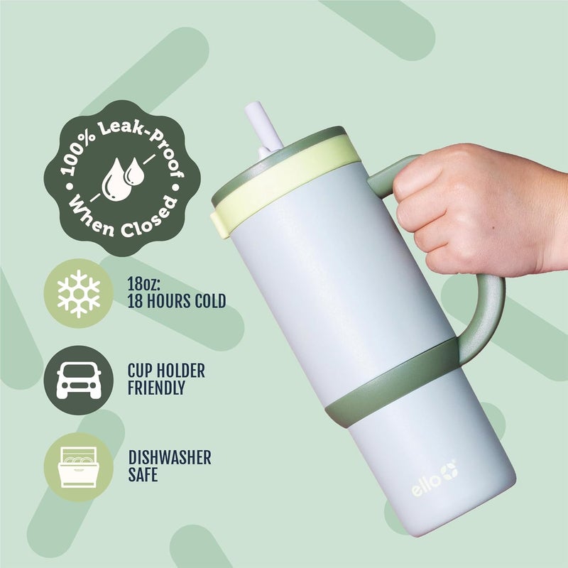 Ello كوب أطفال من الفولاذ المقاوم للصدأ سعة 18 أونصة من أواسي مع مقبض وقشة قابلة للسحب، 100% مقاوم للتسرب، معزول بجدار مزدوج، زجاجة ماء للأطفال للمدرسة، خالية من BPA، آمنة للغسل في غسالة الصحون، أفوكادو - Image 2